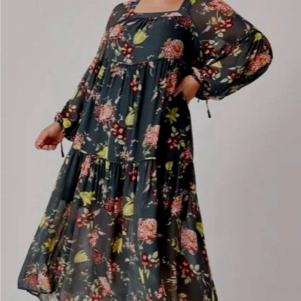 A+ Anthropologie grey gray green Floral Long Sleeve Swim maxi dress 2XL plus - Picture 3 of 9